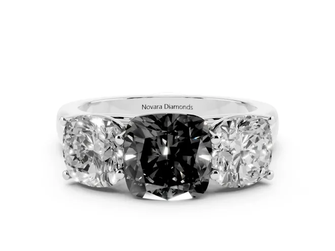 Fancy Black Cushion Cut Diamond Three-Stone Ring Set in White gold with Plain Polished Band