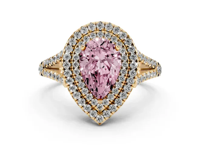 Fancy Pink Pear Cut Diamond Double Halo Ring Set in Yellow gold with Pavé Band