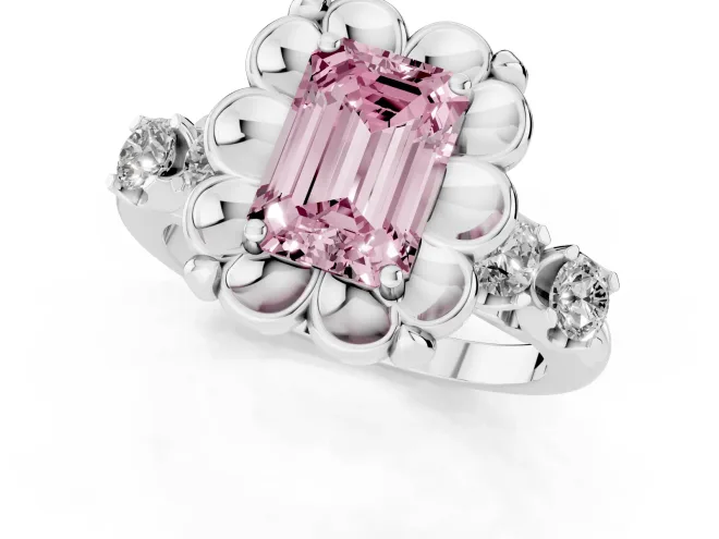 Fancy Pink Emerald Cut Diamond Floral Halo Ring Set in White gold with Shared Prong Band – second view