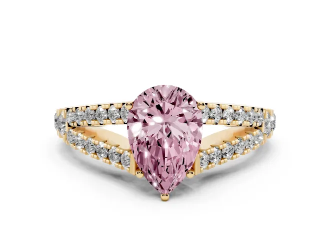 Fancy Pink Pear Cut Diamond Split Shank Pavé Engagement Ring Set in Yellow gold with Prong-Held Center Stone