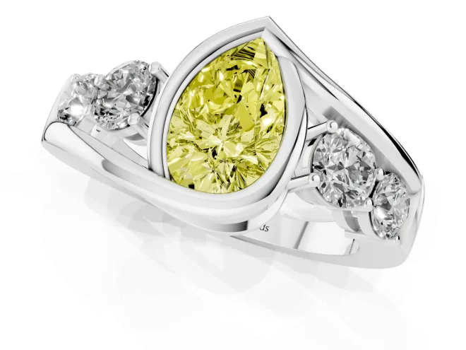 Fancy Yellow Pear Cut Diamond Bezel Bypass Ring Set in Platinum with Round Accents – second view