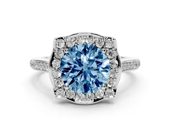 Round Halo Engagement Ring Setting for a Fancy Blue Lab-Grown Diamond | Petal Tips | White Gold