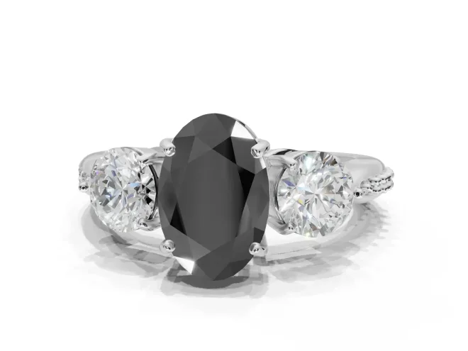 Fancy Black Oval Lab-Grown Diamond Three-Stone Ring Set in Sterling Silver with Channel-Set Band and Prong Setting