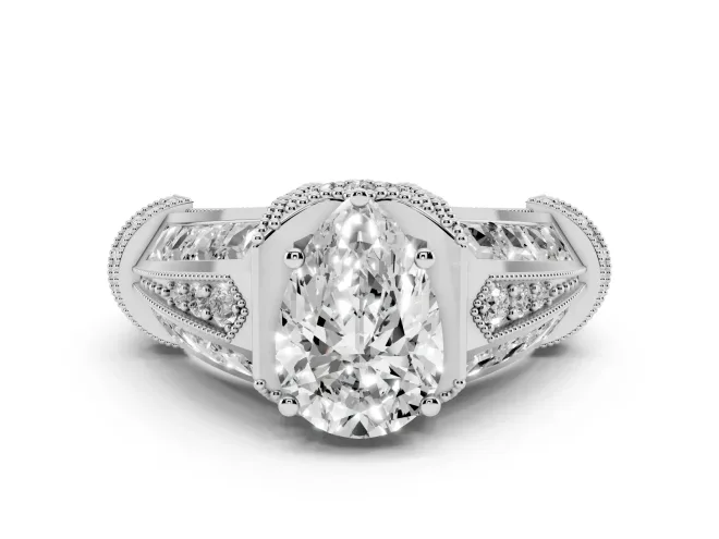 Pear Cut Diamond Vintage-Inspired Milgrain Ring Set in Silver with Accent Split Shank