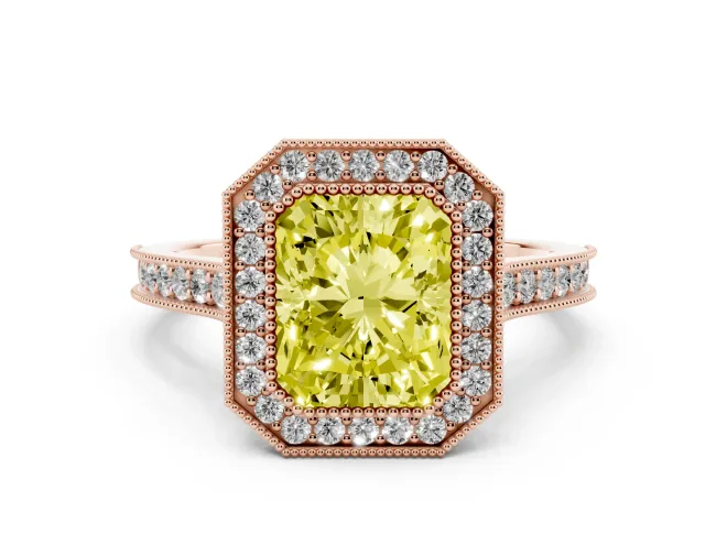 Radiant Cut Vintage Milgrain Halo Engagement Ring Setting for a Fancy Yellow Lab-Grown Diamond | Bezel Head | Rose Gold