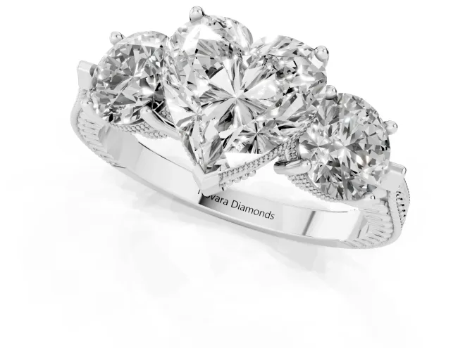 Heart Cut Diamond Three-Stone Ring Set in Silver with Milgrain Band – second view