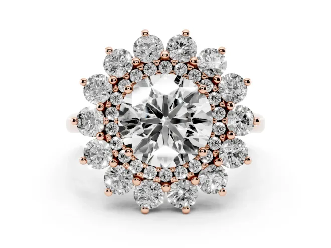 Round Cut Diamond Floral Double Halo Ring Set in Rose gold with Round Petals