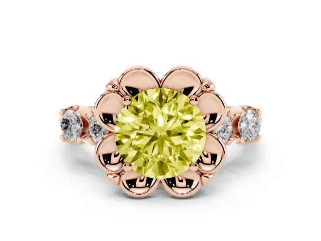 Fancy Yellow Round Cut Diamond Floral Halo Ring Set in Rose gold with Shared Prong Band