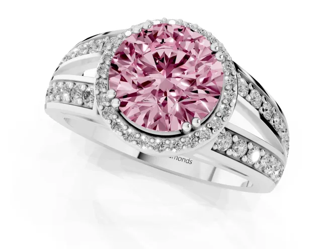Fancy Pink Round Cut Diamond Halo Ring Set in Platinum with Double Pavé Split Shank – second view
