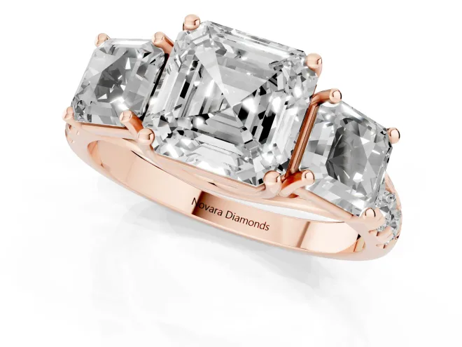 Asscher Cut Diamond Three-Stone Ring Set in Rose gold with Pavé Band – second view