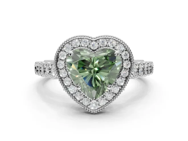 Heart-Shaped Graduated Milgrain Halo Engagement Ring Setting for a Fancy Green Lab-Grown Diamond | White Gold
