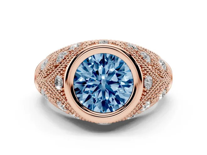 Fancy Blue Round Cut Diamond Bezel Ring Set in Rose gold with Milgrain Accent Band