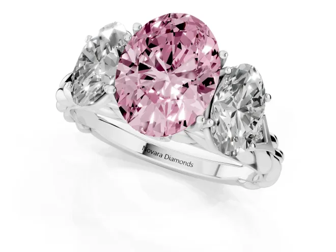 Fancy Pink Oval Cut Diamond Three-Stone Ring Set in Silver with Braided Band – second view