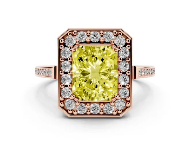 Radiant Cut Halo Engagement Ring Setting for a Fancy Yellow Lab-Grown Diamond | Polished Halo Rim | Rose Gold