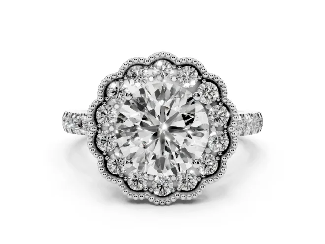 Round Cut Diamond Milgrain Floral Halo Engagement Ring Set in Silver with Pavé Band