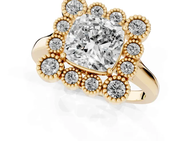 Cushion Cut Diamond Cluster Halo Ring Set in Yellow gold with Milgrain Bezel Accents and Plain Band – second view