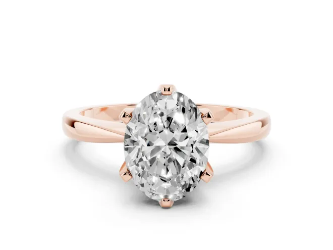 Oval Cut Diamond Solitaire Engagement Ring Set in Rose gold with Slim Tapered Solitaire Band