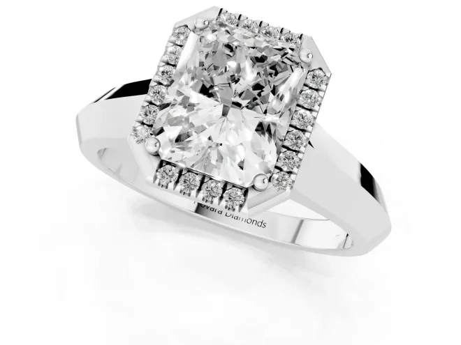 Radiant Cut Diamond Halo Ring Set in White gold with Cathedral Band and Prong Setting – second view