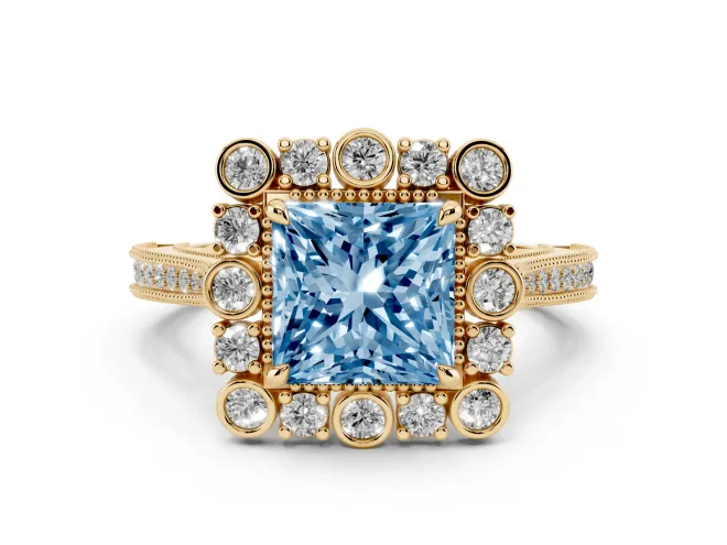 Princess Cut Scalloped Halo Engagement Ring Setting for a Fancy Blue Lab-Grown Diamond | Milgrain Edges | Yellow Gold