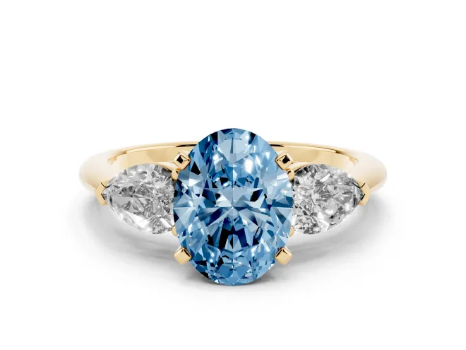 Oval Three-Stone Ring Setting for a Fancy Blue Lab-Grown Diamond | Pear Side Stones | Yellow Gold