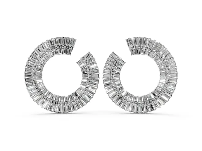 Baguette and Round Lab-Grown Diamond Fanned Open Hoop Earrings | Sunburst Rows | White Gold