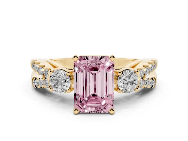 Emerald Cut Three Stone Engagement Ring Setting for a Fancy Pink Lab-Grown Diamond | Yellow Gold