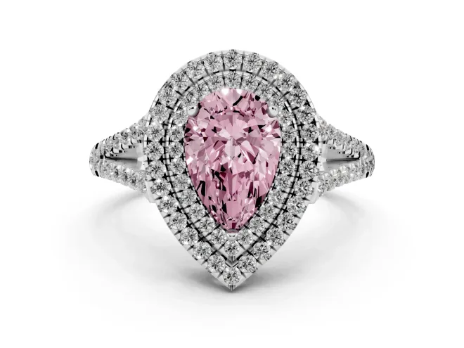 Fancy Pink Pear Cut Diamond Double Halo Ring Set in Platinum with Pavé Band
