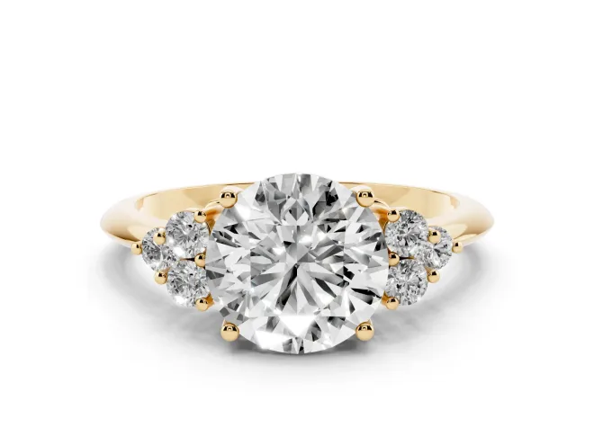 Round Cut Diamond Cluster Ring Set in Yellow gold with Plain Band and Prong Setting