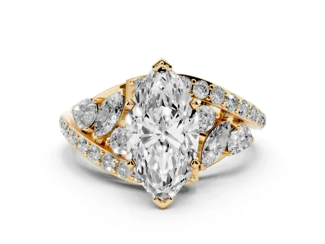 Marquise Cut Diamond Halo Ring Set in Yellow gold with Marquise and Pavé Band in Prong Setting