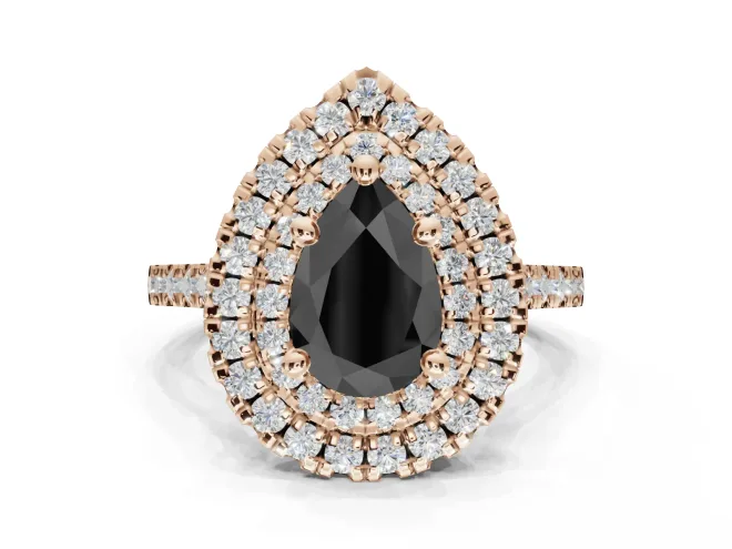 Pear-Shaped Double Halo Engagement Ring Setting for a Black Center | Pavé Shoulders | Rose Gold
