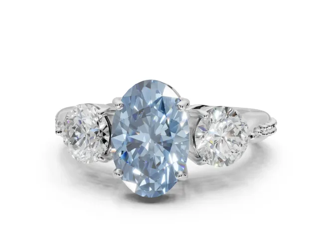 Oval Three Stone Engagement Ring Setting for a Fancy Blue Lab-Grown Diamond | Tapered Pave Band | Sterling Silver
