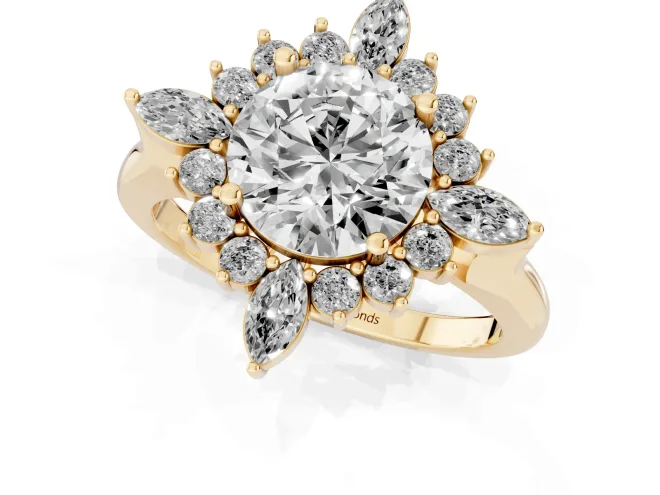 Round Cut Diamond Cluster Halo Ring Set in Yellow gold with Marquise and Round Accents – second view