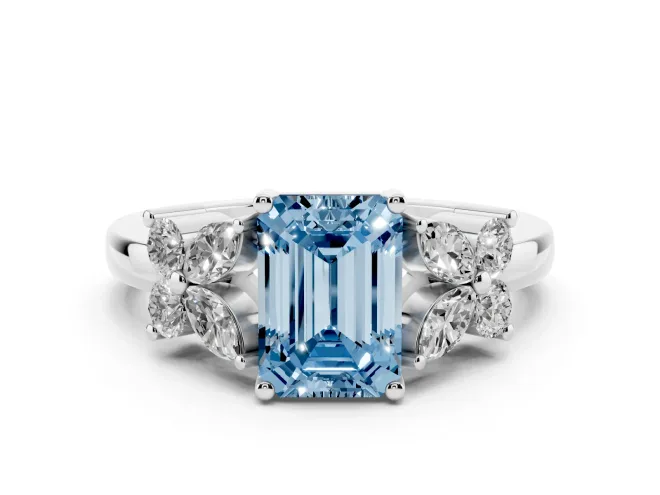 Emerald Cut Floral Engagement Ring Setting for a Fancy Blue Lab-Grown Diamond | Sterling Silver