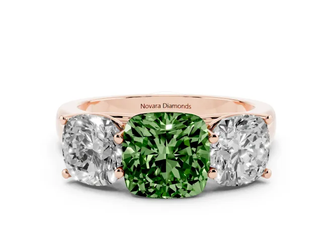 Fancy Green Cushion Cut Diamond Three-Stone Ring Set in Rose gold with Plain Polished Band