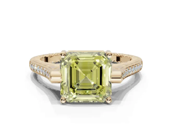Asscher Cut Vintage Cathedral Engagement Ring Setting for a Fancy Yellow Lab-Grown Diamond | Carved Band | Yellow Gold