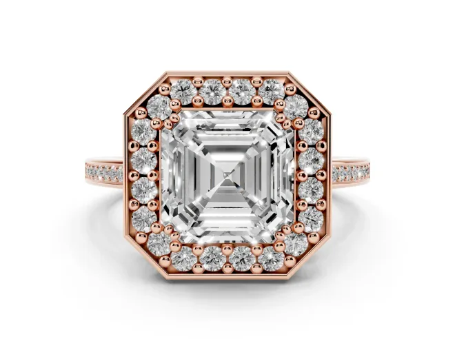 Asscher Cut Diamond Halo Ring Set in Rose gold with Accent-Lined Split Shank and Prong Setting