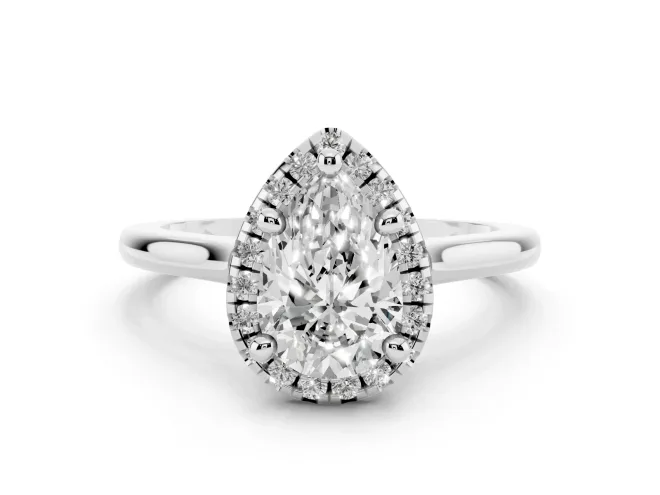 Pear Cut Diamond Halo Engagement Ring Set in White gold with Pavé Band and Rising Shoulders