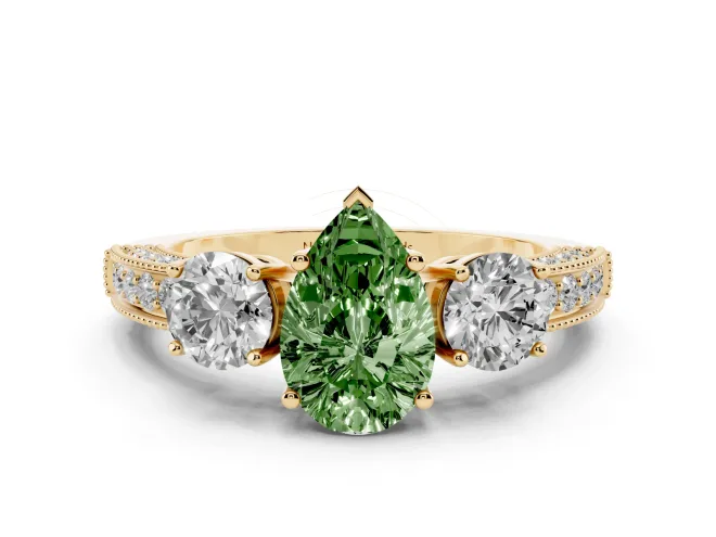 Pear-Shaped Three Stone Engagement Ring Setting for a Fancy Green Lab-Grown Diamond | Graduated Pavé Band | Yellow Gold