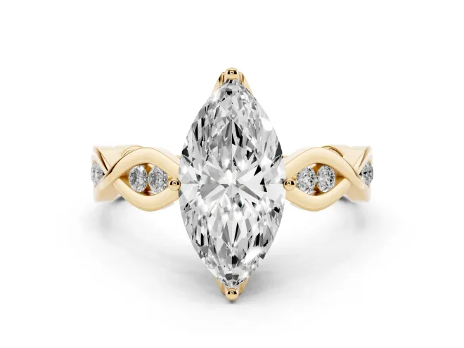 Marquise Cut Diamond Twist Band Solitaire Ring Set in Yellow gold with Leaf Prong Setting and Accent Stones