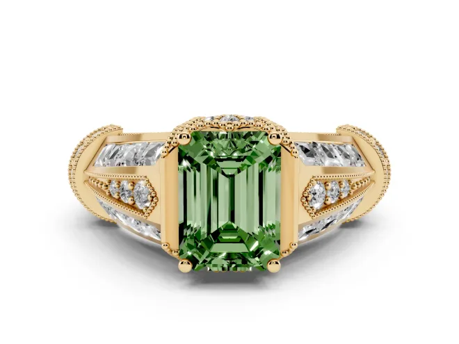 Emerald Cut Vintage Milgrain Engagement Ring Setting for a Fancy Green Lab-Grown Diamond | Hidden Halo | Yellow Gold