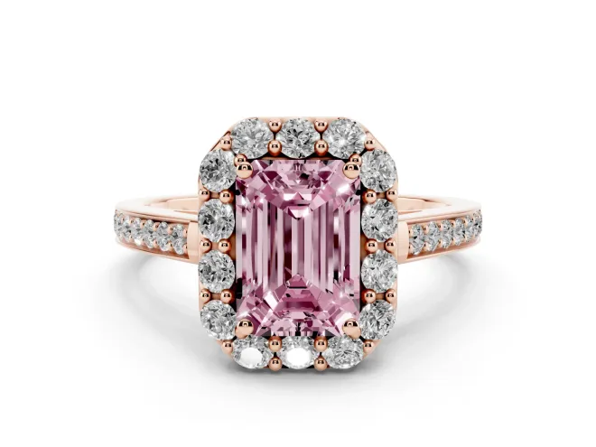 Emerald Cut Floral Halo Engagement Ring Setting for a Fancy Pink Lab-Grown Diamond | Large Round Accents | Rose Gold