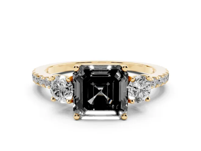 Fancy Black Asscher Cut Diamond Three-Stone Ring Set in Yellow gold with Pavé Band and Graduated Sides