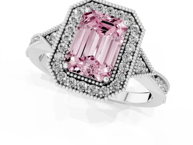 Fancy Pink Emerald Cut Diamond Halo Engagement Ring Set in Platinum with Milgrain Pavé Band – second view
