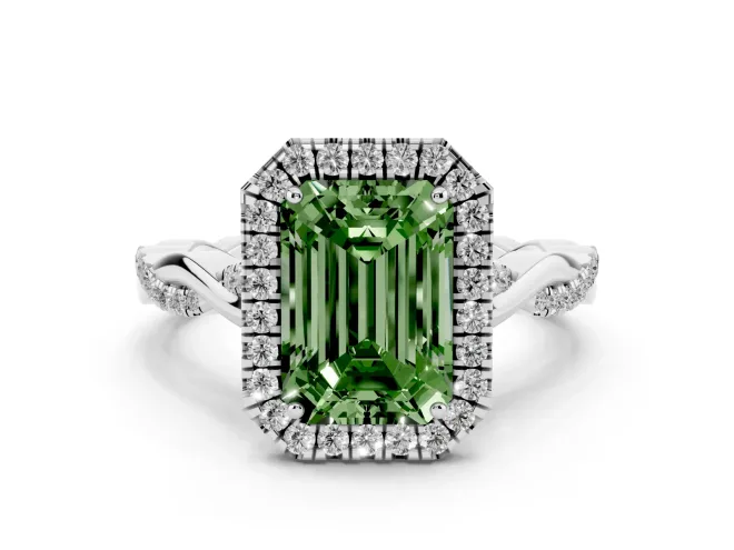 Emerald Cut Twist Halo Engagement Ring Setting for a Fancy Green Lab-Grown Diamond | White Gold