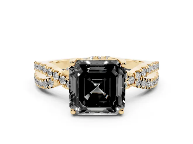 Asscher Cut Twisted Pavé Engagement Ring Setting for a Black Center | Split Shank | Yellow Gold
