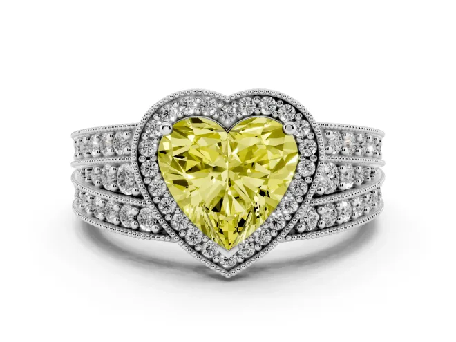 Fancy Yellow Heart Cut Diamond Halo Ring Set in Silver with Accent Split Shank and Prong Setting