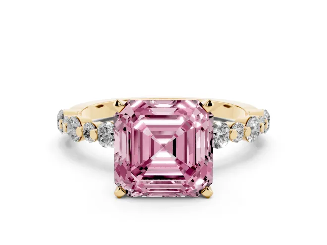 Fancy Pink Asscher Cut Diamond Prong Set Engagement Ring Set in Yellow gold with Round Accent Pavé Band
