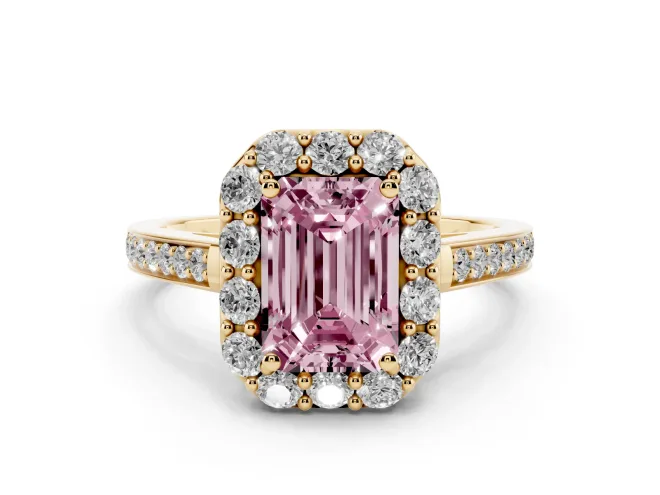 Emerald Cut Floral Halo Engagement Ring Setting for a Fancy Pink Lab-Grown Diamond | Large Round Accents | Yellow Gold
