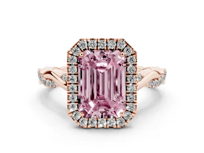 Emerald Cut Twist Halo Engagement Ring Setting for a Fancy Pink Lab-Grown Diamond | Rose Gold