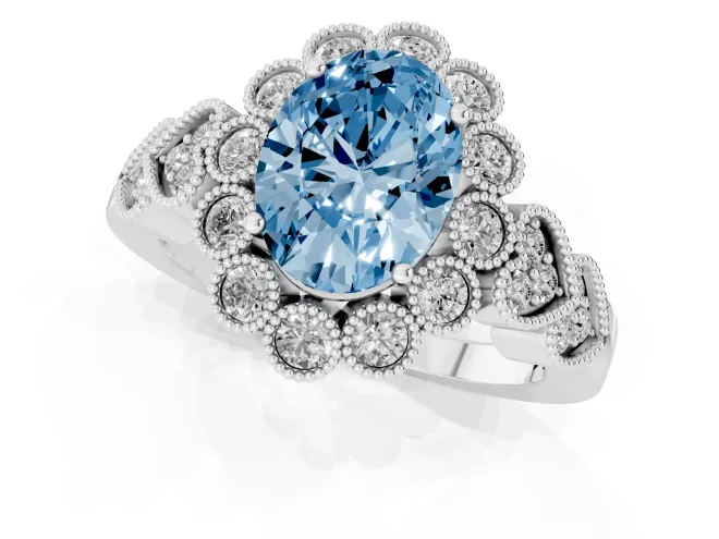 Fancy Blue Oval Cut Diamond Solitaire Ring Set in Platinum with Milgrain Pavé Heart Band – second view